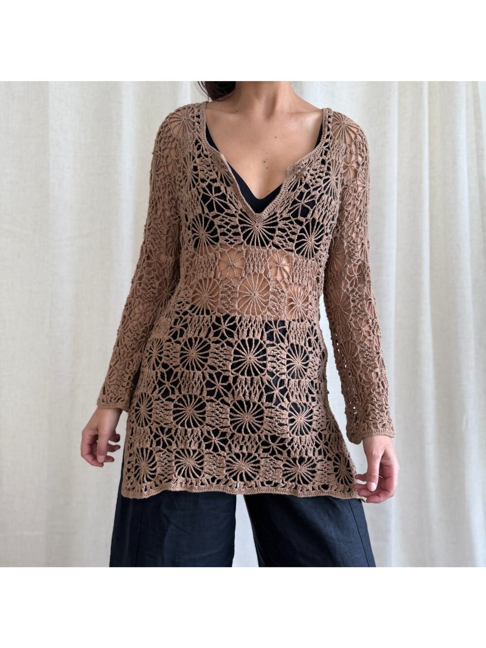 Vintage Crochet Top Womens Medium Brown Y2K Ramie Cotton Tunic Boho Festival